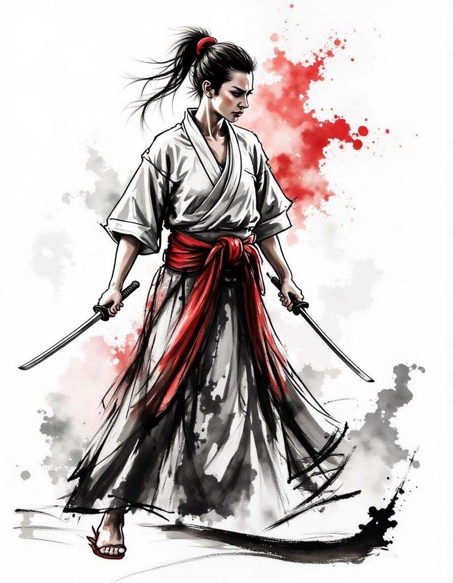 dismrt,  fierce samurai woman with a focused expression,  dressed in traditional Japanese warrior attire with a loose kimo...
