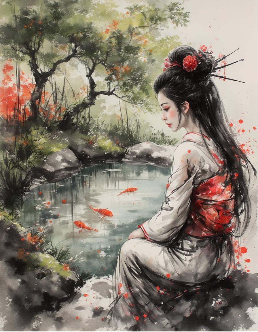 ink and brushstroke dismrt style,  Elegant babe with jet-black hair,  wearing a traditional Chinese dress on Tensor.Art