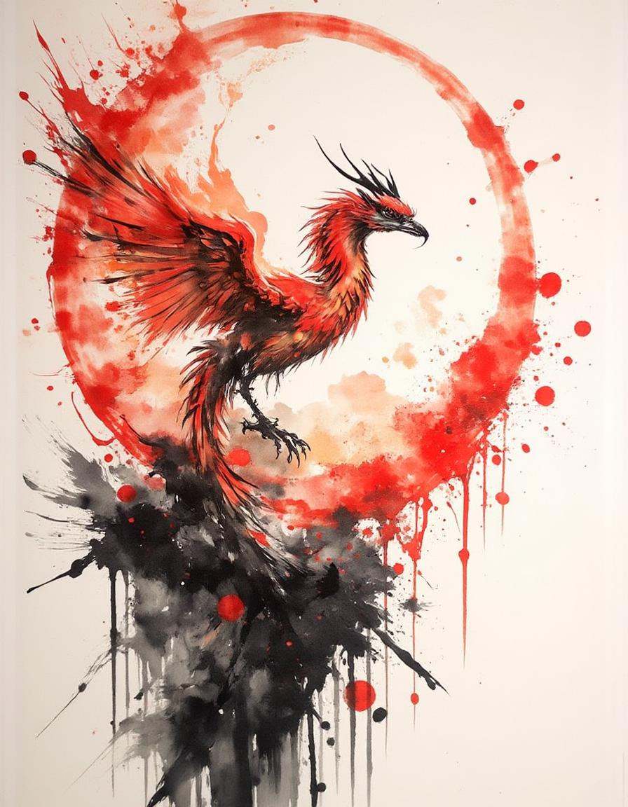 ink and brushstroke dismrt style,  Phoenix rebirths bright,  from ashes to flame on Tensor.Art