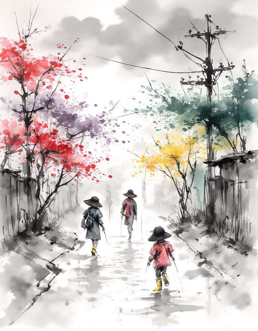 ink and brushstroke dismrt style,  A sudden summer rainstorm in a small town,  where the rain comes down in pastel shades—...