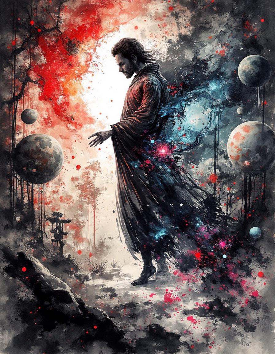 ink and brushstroke dismrt style,  A multidimensional being steps through a shimmering quantum veil,  their form constantl...