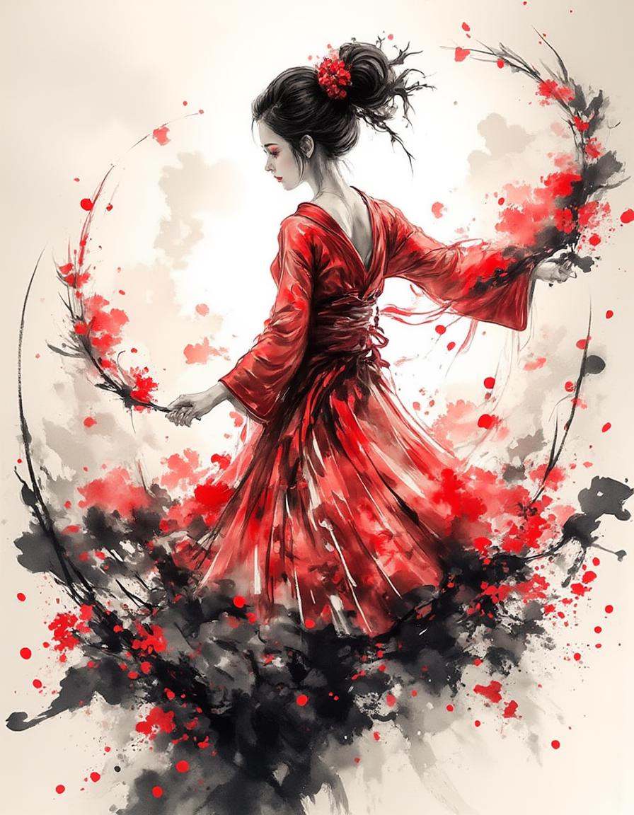 ink and brushstroke dismrt style,  A dancer in a flowing,  deep crimson dress spins gracefully amidst a swirling storm of...