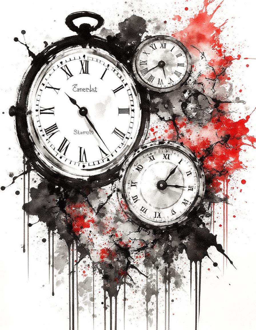 ink and brushstroke dismrt style,  A time traveler's workshop with clocks and paradoxical devices. on Tensor.Art