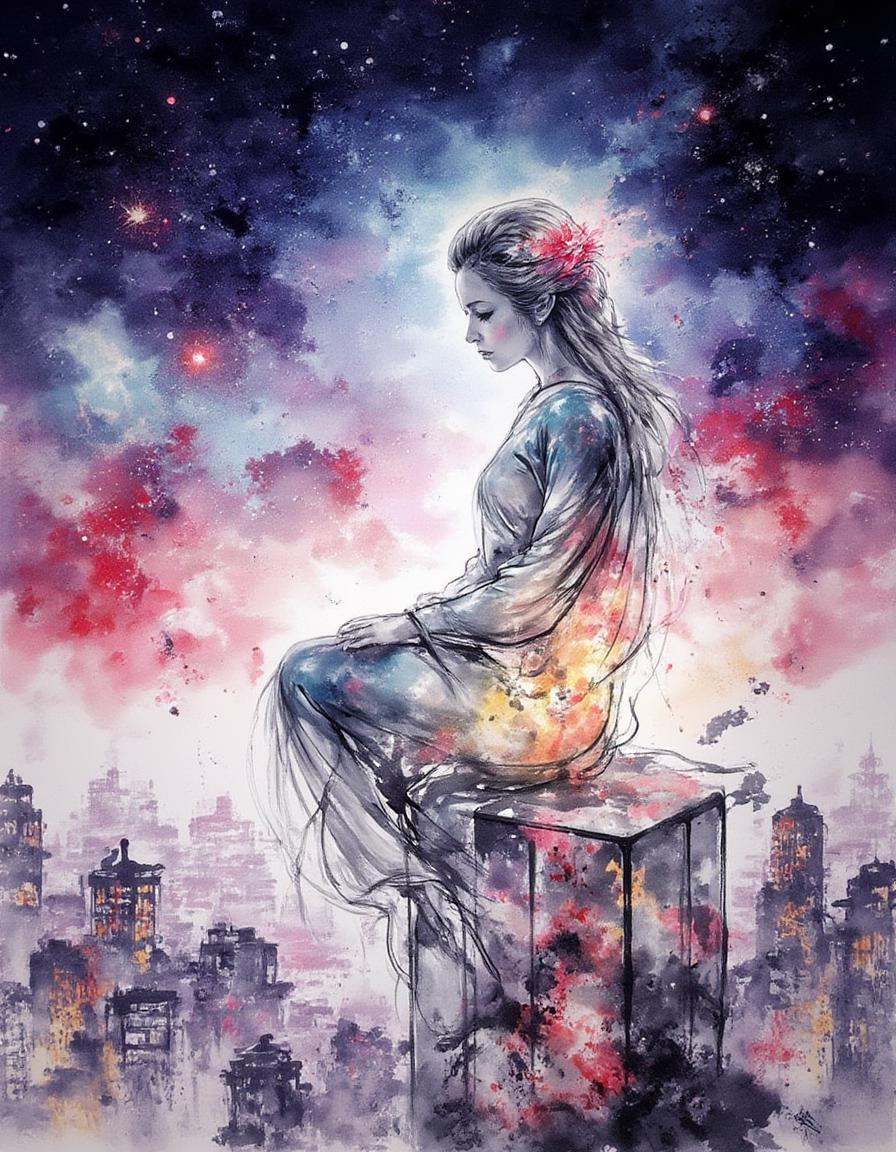 ink and brushstroke dismrt style,  Create an image of a celestial being,  glowing with ethereal light on Tensor.Art