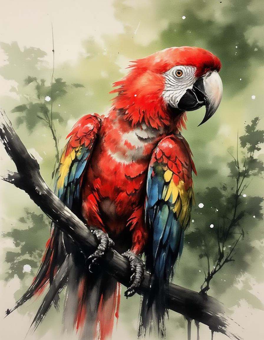 ink and brushstroke dismrt style,  A vibrant scarlet macaw perched on a natural branch,  showcasing its striking plumage w...