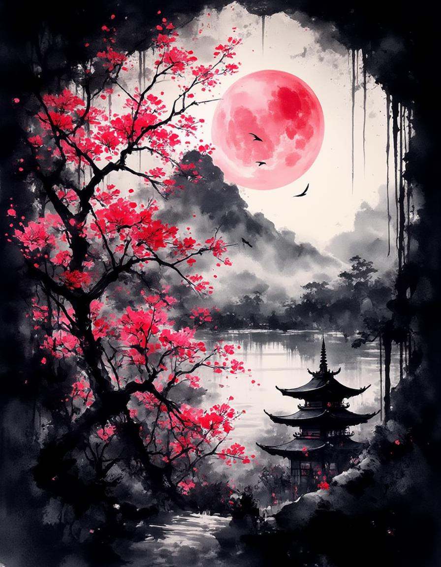 dismrt style,  A tranquil scene featuring a traditional pagoda nestled among vibrant cherry blossom trees. The foreground...