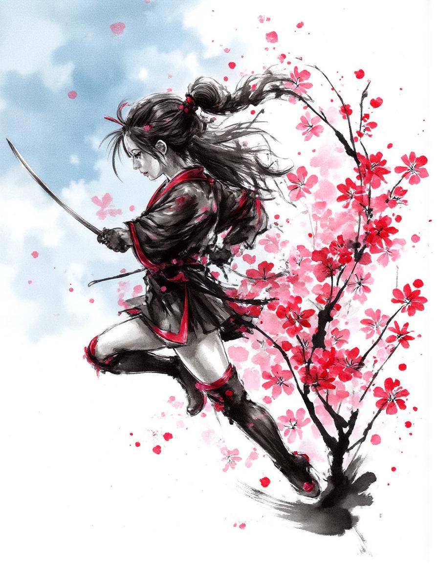 ink and brushstroke dismrt style,  A young woman swings her katana mid-jump,  her powerful stance framed by a dramatic cas...
