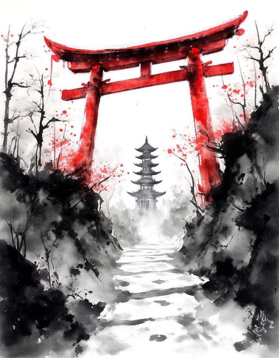 ink and brushstroke dismrt style,  A red torii gate stands prominently at the center of a misty,  monochromatic landscape....