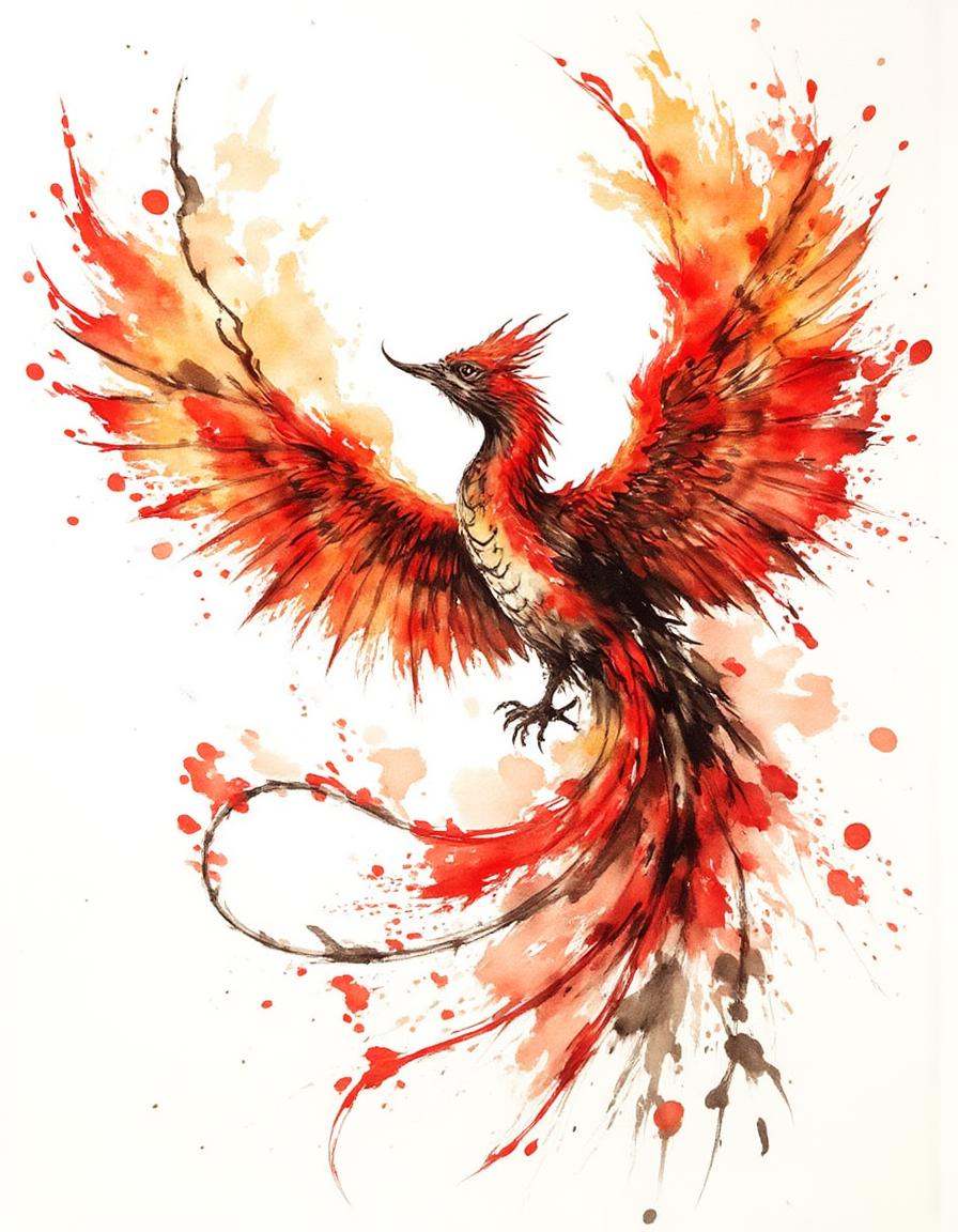 ink and brushstroke dismrt style,  majestic phoenix rising from flames,  wings outstretched as fiery feathers trail behind...