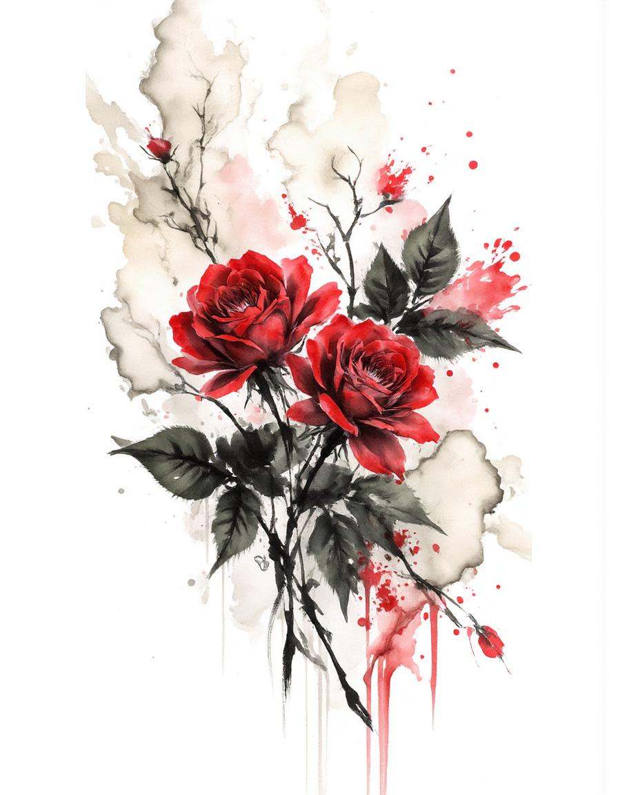 ink and brushstroke dismrt style,  Create a visually striking image featuring two deep red roses. The roses should be lush...
