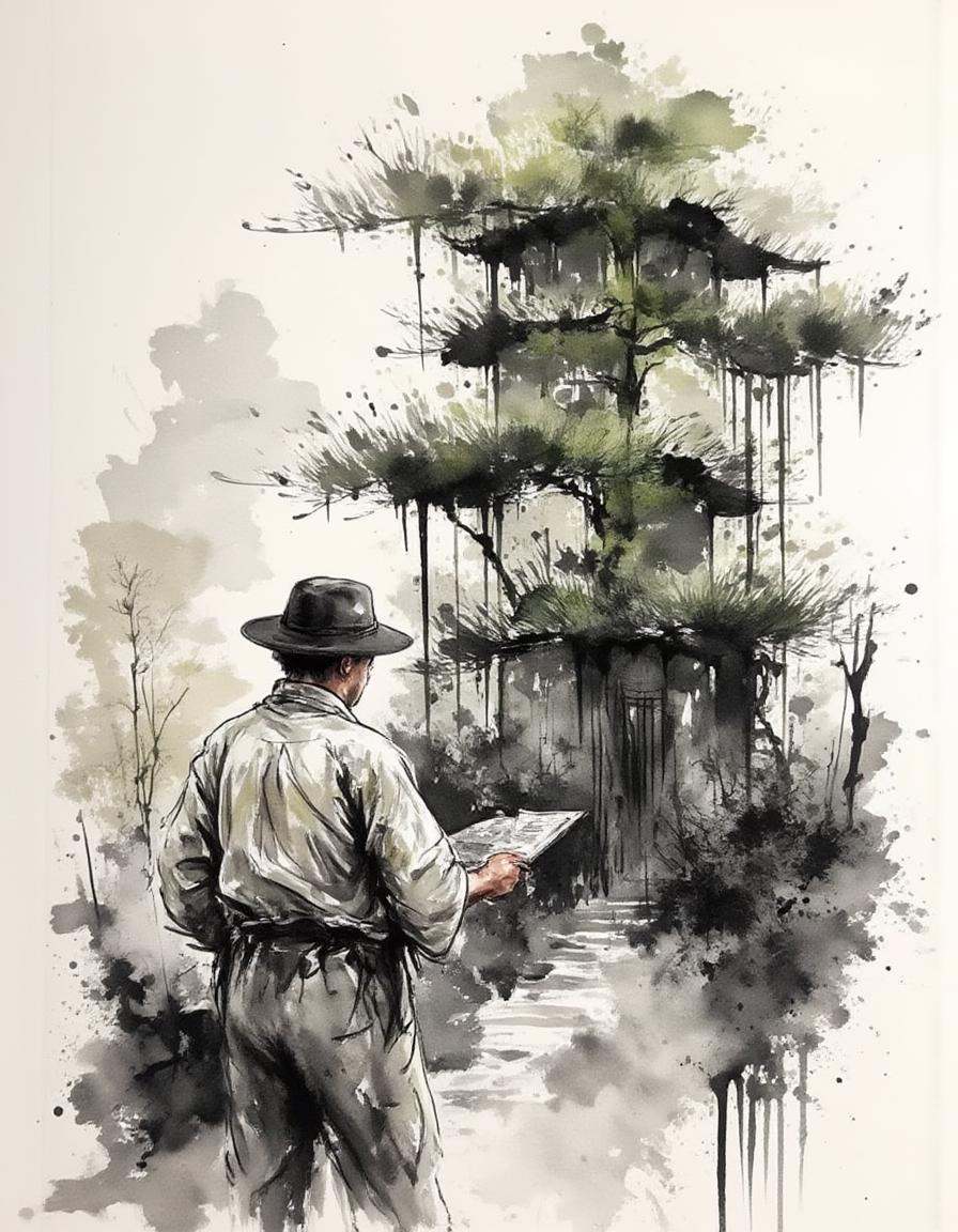 ink and brushstroke dismrt style,  A man designing a sustainable community from the ground up. on Tensor.Art