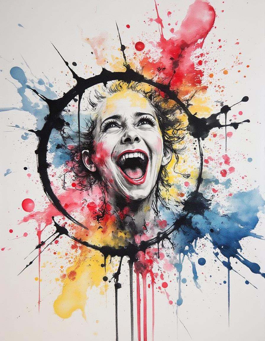 ink and brushstroke dismrt style,  A failed science experiment results in a room filled with harmless but wildly colored f...
