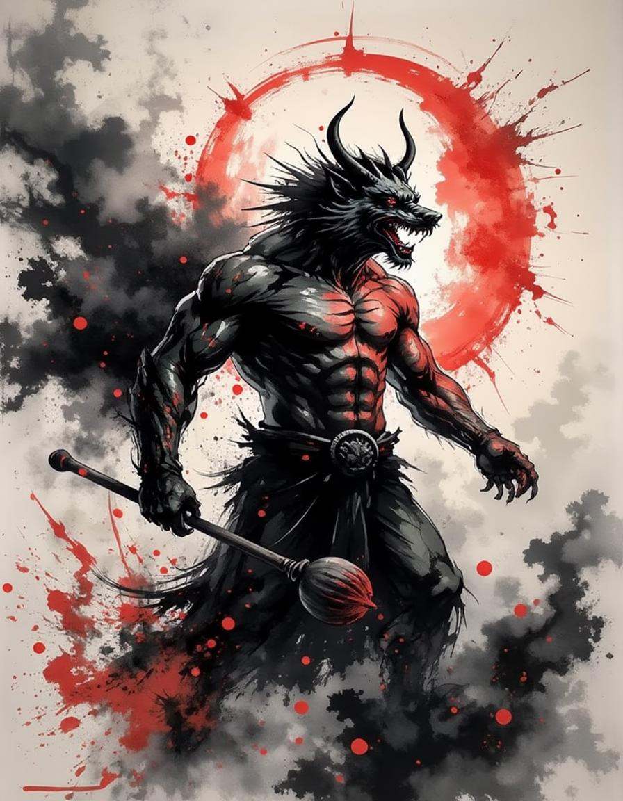 ink and brushstroke dismrt style,  fierce oni demon emerging from dark smoke,  holding a massive club on Tensor.Art