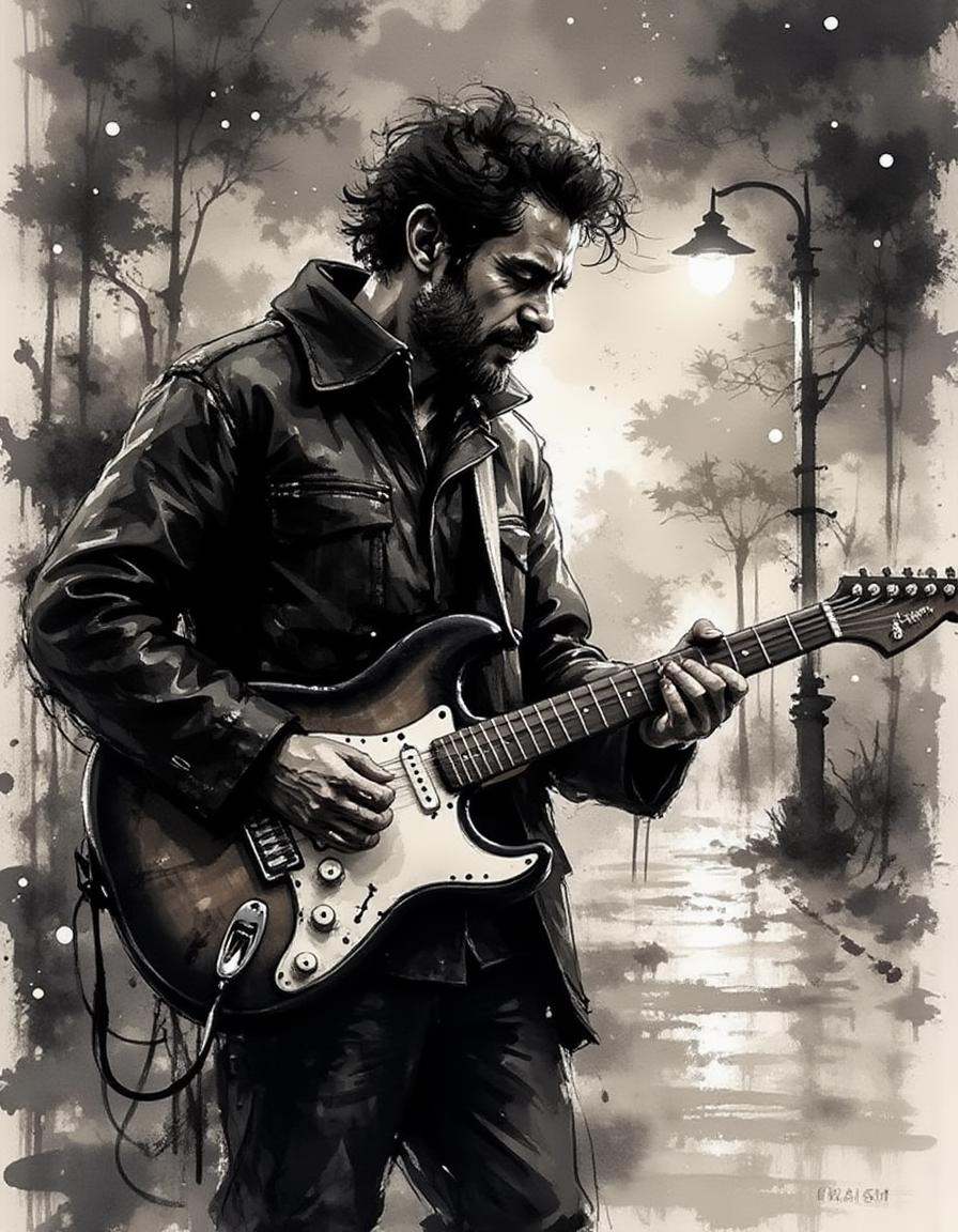 ink and brushstroke dismrt style,  gritty street musician playing an electric guitar under a flickering streetlight,  rain...