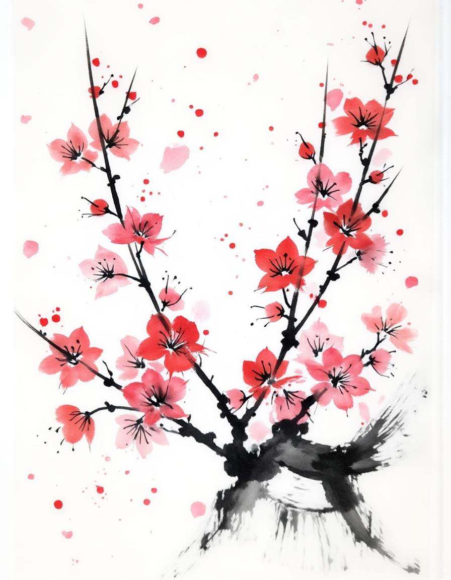 ink and brushstroke dismrt style,  Blossoming cherry tree branch on Tensor.Art
