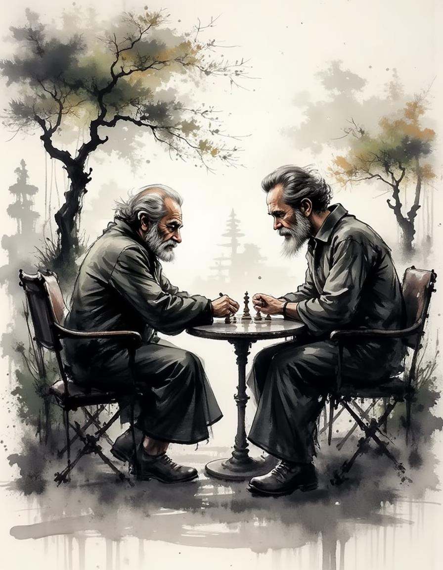 ink and brushstroke dismrt style,  A man playing chess in a park with old friends. on Tensor.Art