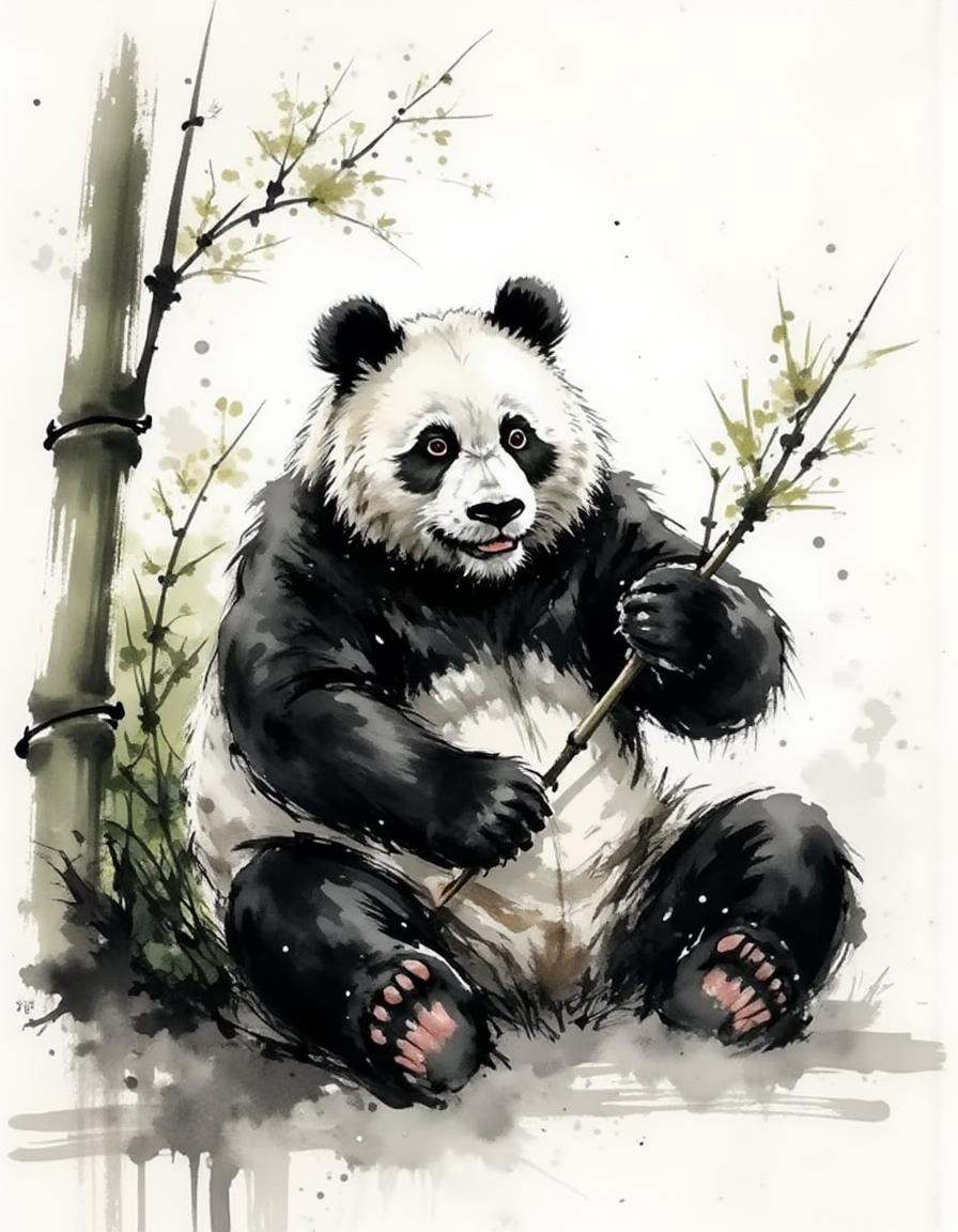 ink and brushstroke dismrt style,  Panda munching on bamboo on Tensor.Art