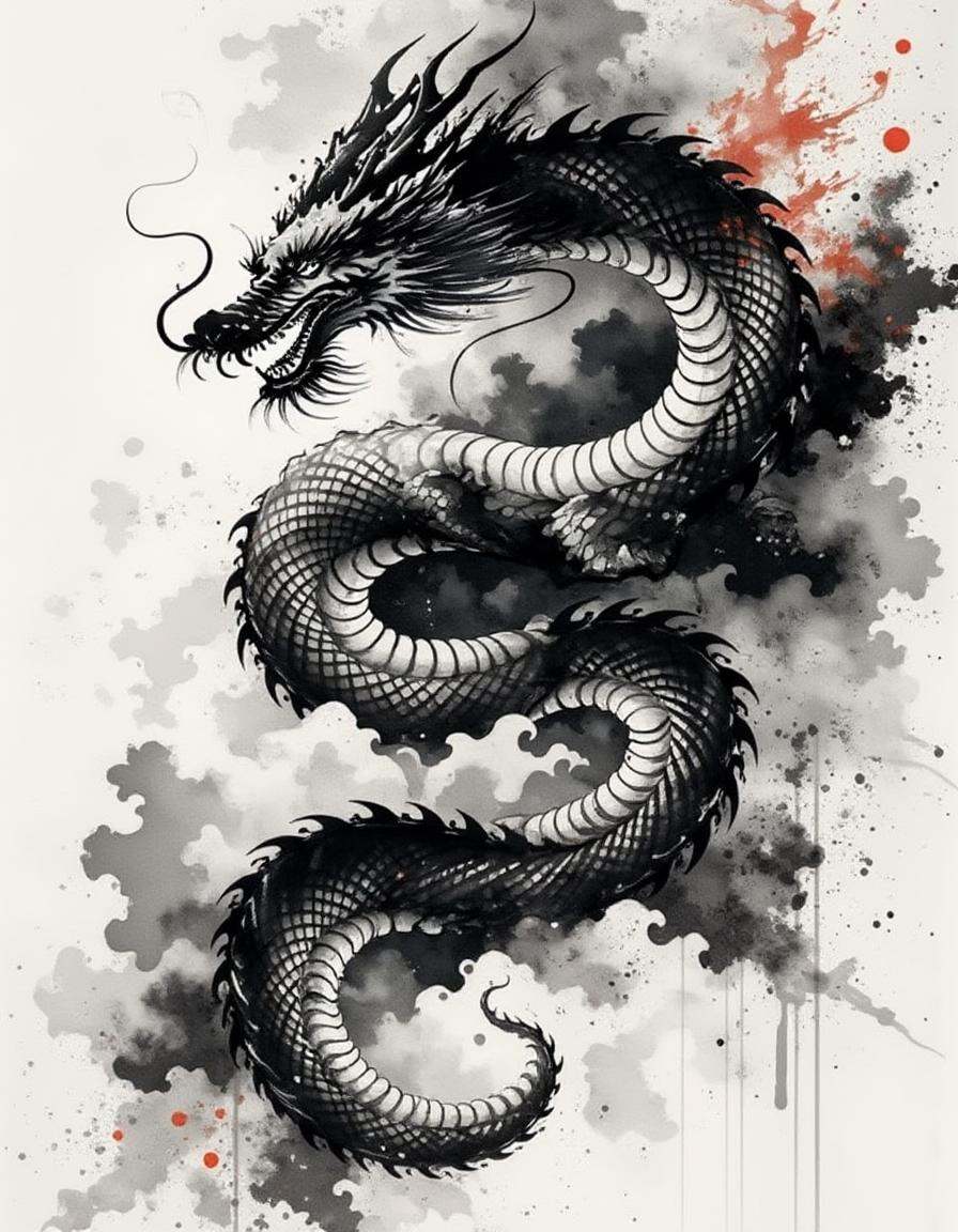 ink and brushstroke dismrt style,  mythical dragon twisting through stormy clouds,  scales glistening as lightning illumin...
