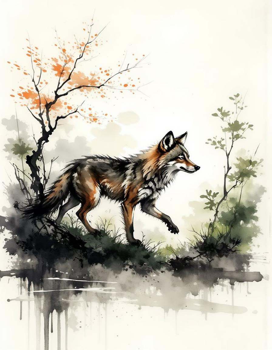 ink and brushstroke dismrt style,  The swift movement of the coyote darting through the underbrush was a flash of brown ag...