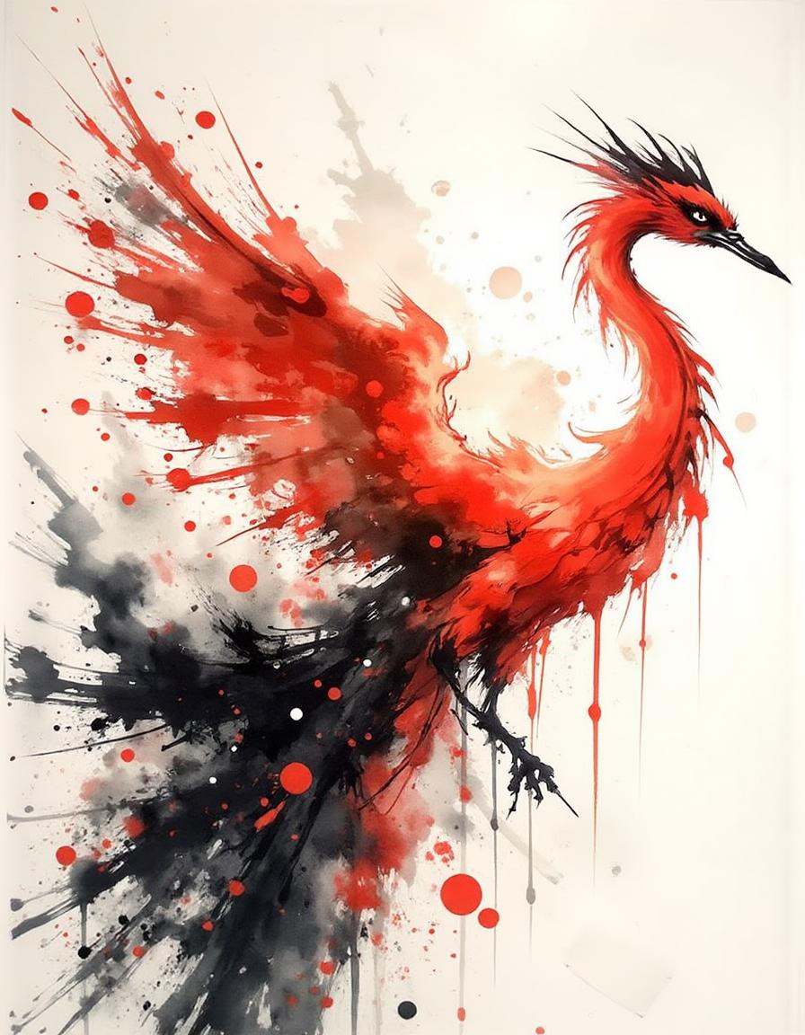 ink and brushstroke dismrt style,  Phoenix rebirths bright,  from ashes to flame on Tensor.Art
