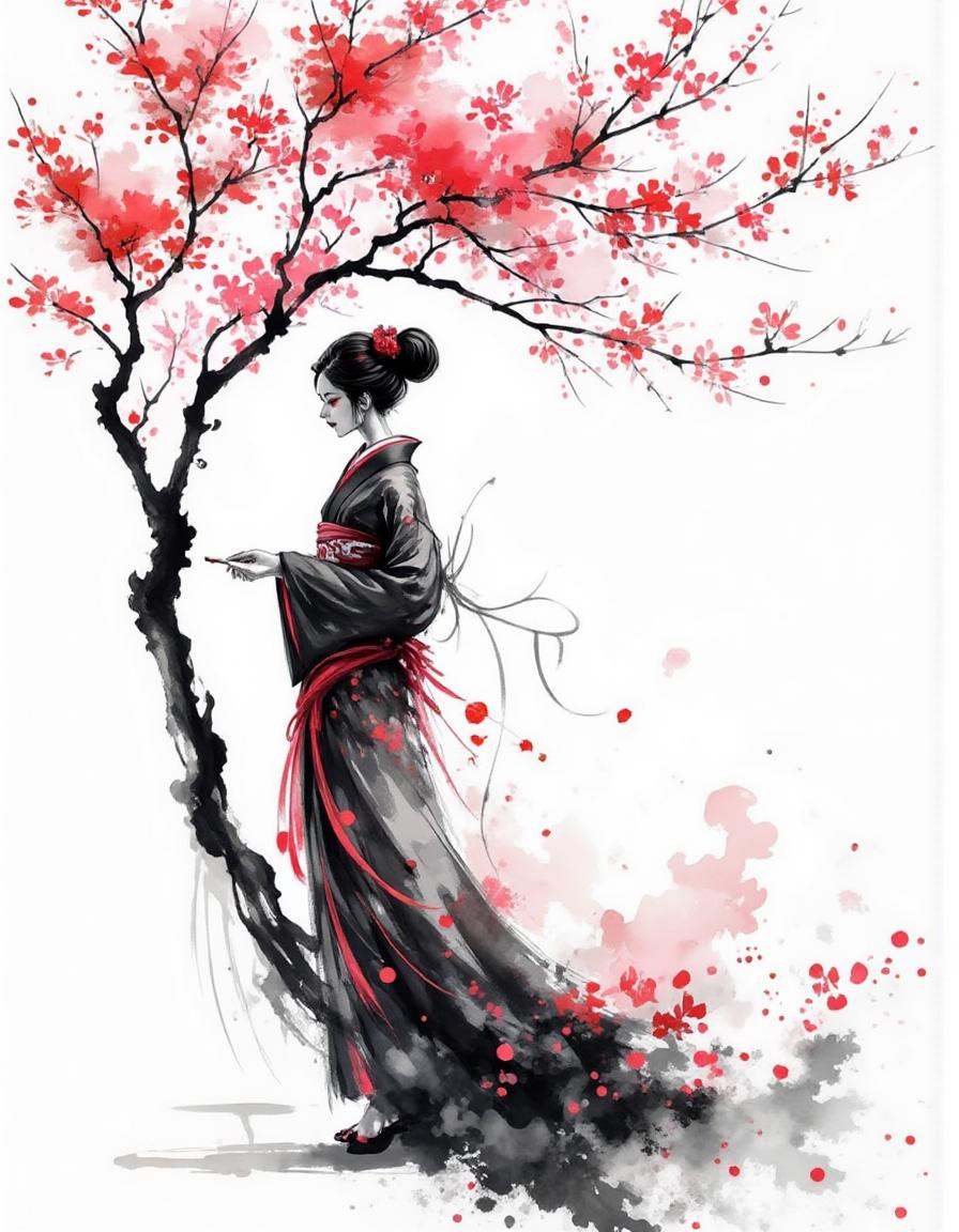 dismrt style,  a woman in a long dress standing underneath a cherry blossom tree,  above the woman is "Mystic Sumi" in bru...