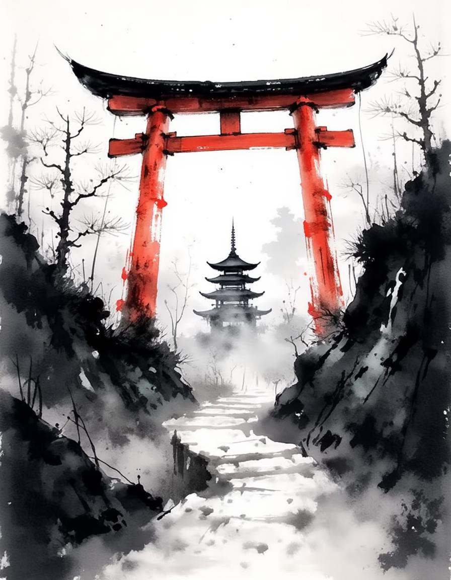 ink and brushstroke dismrt style,  A red torii gate stands prominently at the center of a misty,  monochromatic landscape....