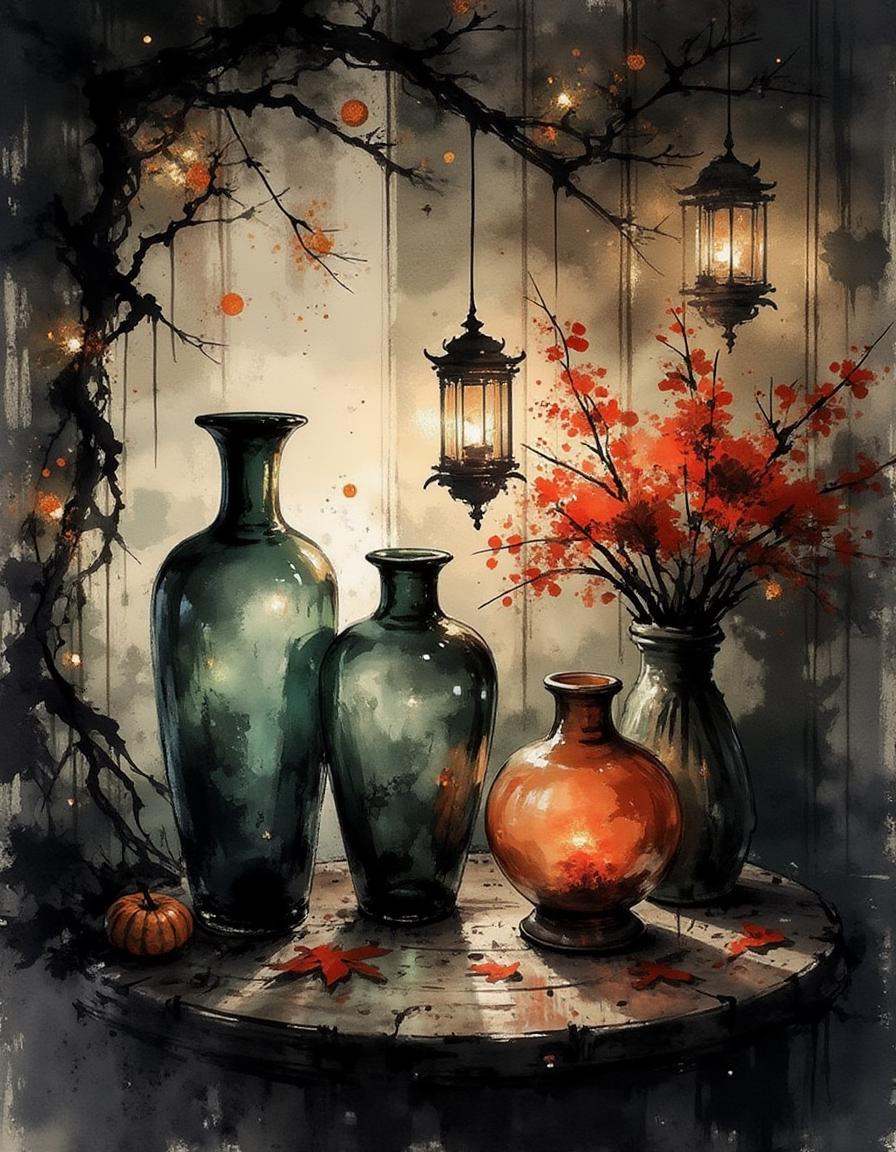 ink and brushstroke dismrt style,  A mystical,  enchanting still life featuring a collection of large on Tensor.Art