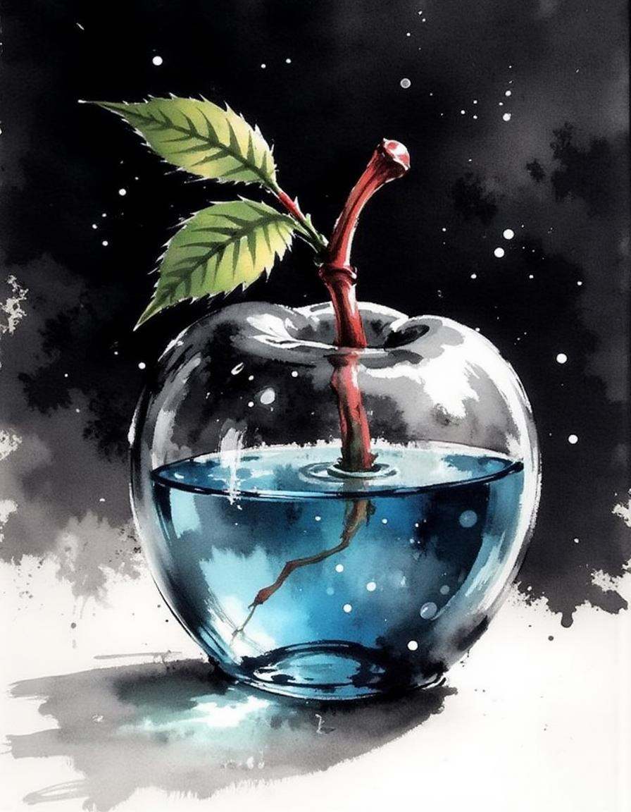 ink and brushstroke dismrt style,  A clear,  glass apple-shaped container filled with sparkling blue water on Tensor.Art