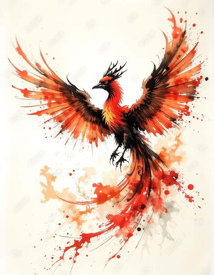 ink and brushstroke dismrt style,  majestic phoenix rising from flames,  wings outstretched as fiery feathers trail behind...