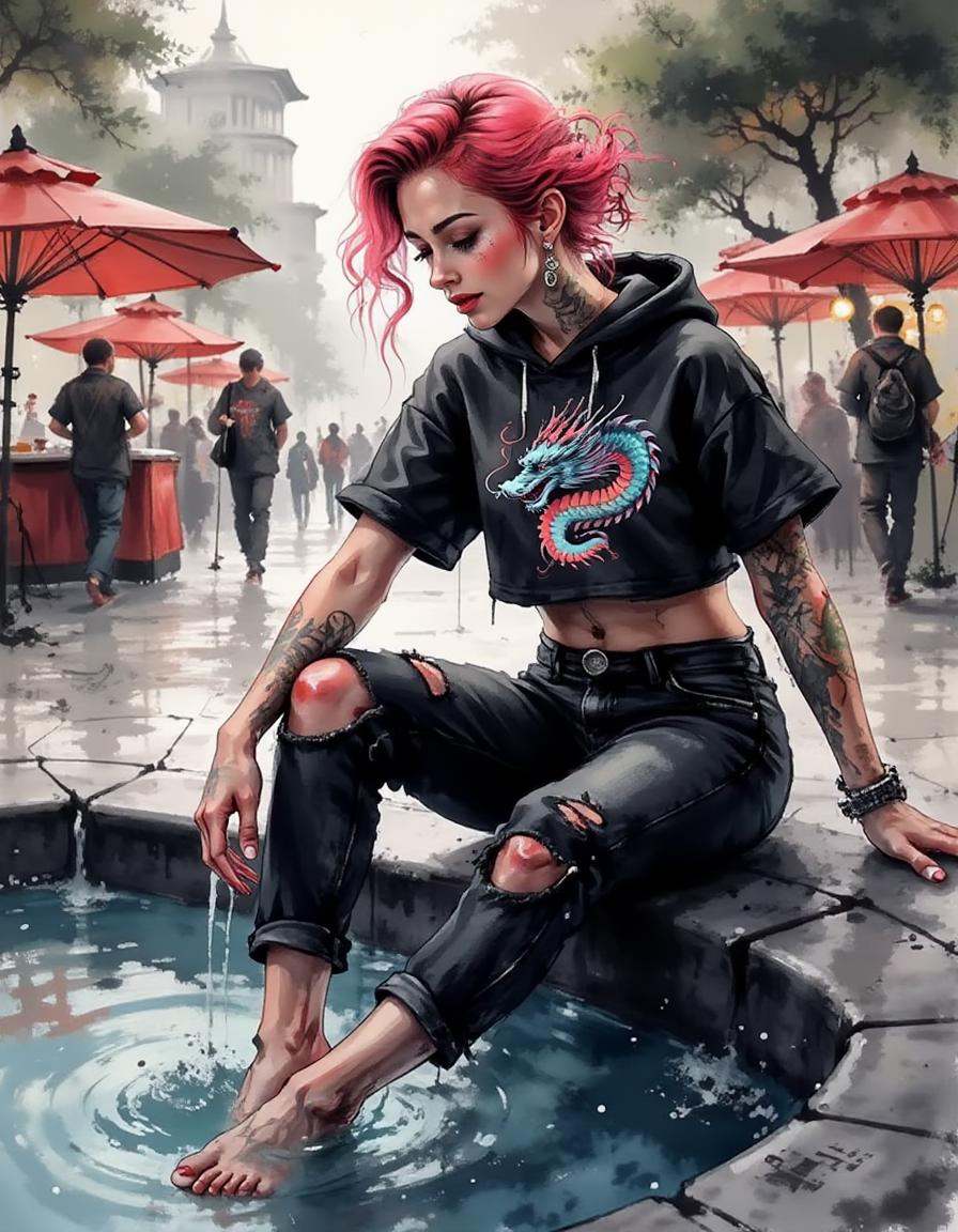 ink and brushstroke dismrt style,  A woman with pastel-pink hair styled in loose curls sits on the edge of a fountain,  he...