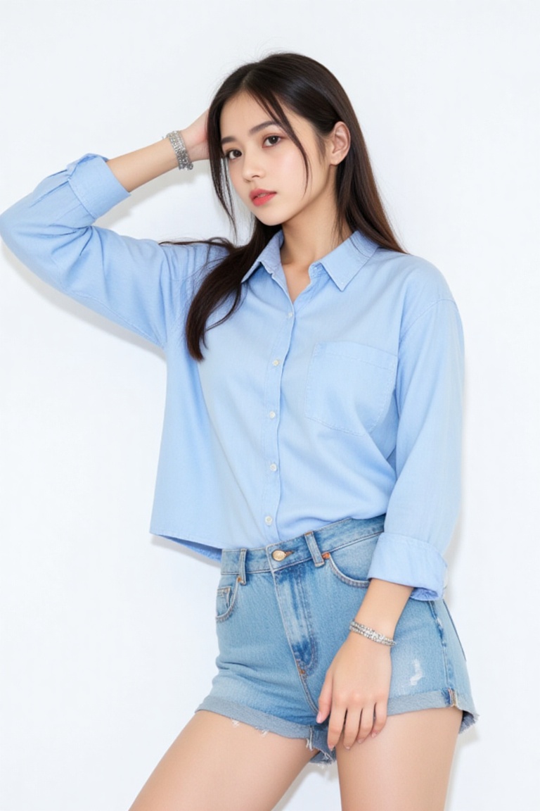 dynamic pose,  fashion model pose,  A young Asian woman is standing against a stark white backdrop. She is dressed in a li...