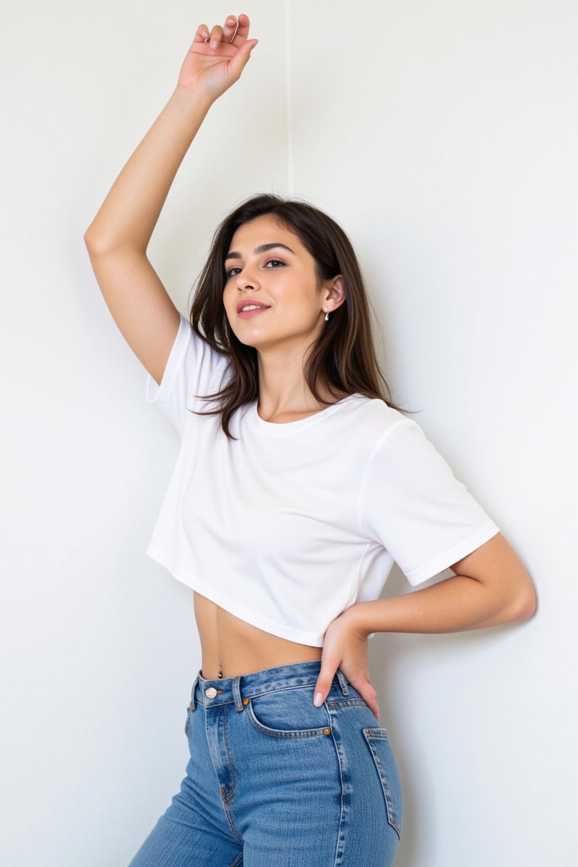 dynamic pose,  fashion model pose,  A woman is standing in front of a white wall. She is wearing a short sleeve white shir...