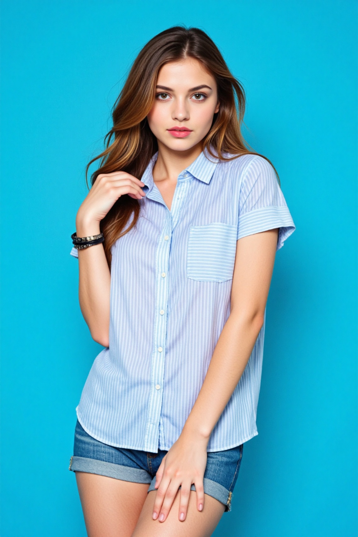 dynamic pose,  fashion model pose,  A woman is standing against a vibrant blue backdrop. She is wearing a short sleeve str...