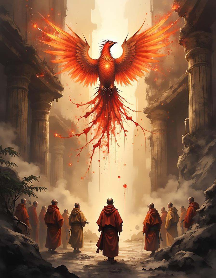 A dinkwfsn style painting,  A digital phoenix,  composed of plasma and shifting fractal wings on Tensor.Art