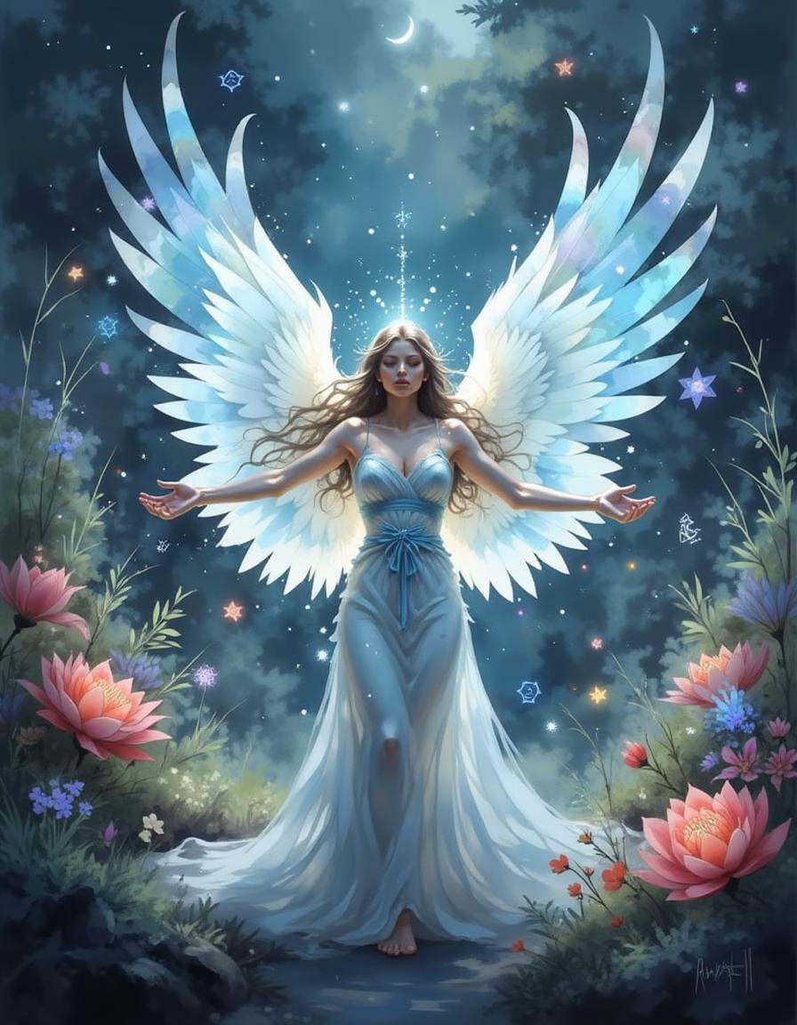 A dinkwfsn style painting,  A powerful,  ethereal being with crystalline wings stands in a holographic garden on Tensor.Art