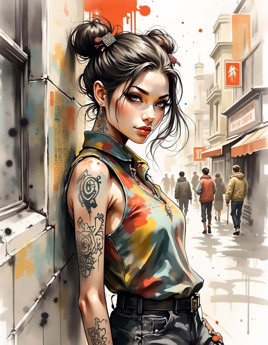 an inkwash painting,  a Hipster girl with a confident expression leans against a wall in a bustling urban setting. She has...