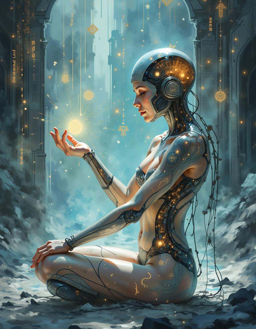 A dinkwfsn style painting,  A biomechanical oracle,  her body seamlessly blending organic curves with crystalline technolo...
