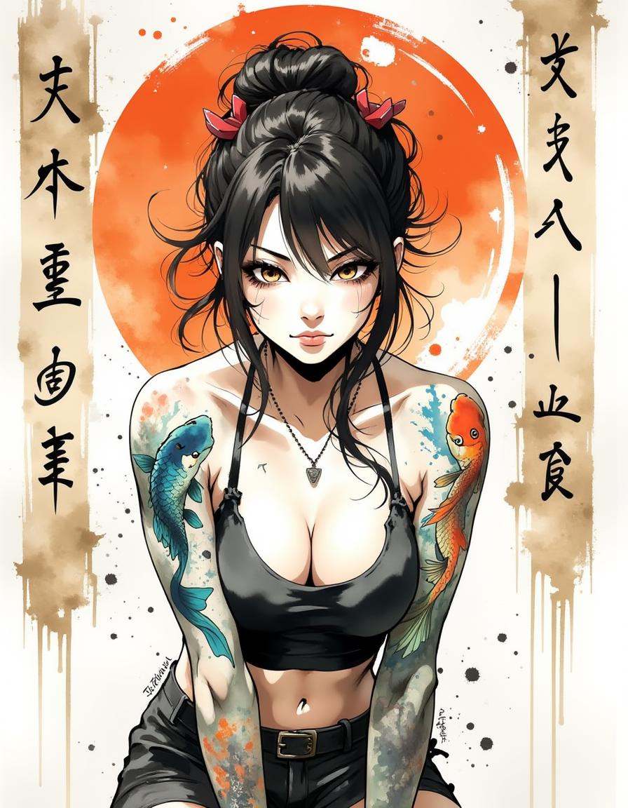 an inkwash painting,  a Fitness girl with a serious expression stands front and center,  leaning slightly forward. She has...