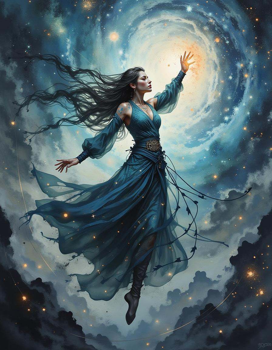 A dinkwfsn style painting,  An interstellar mage,  their skin etched with luminous constellations on Tensor.Art