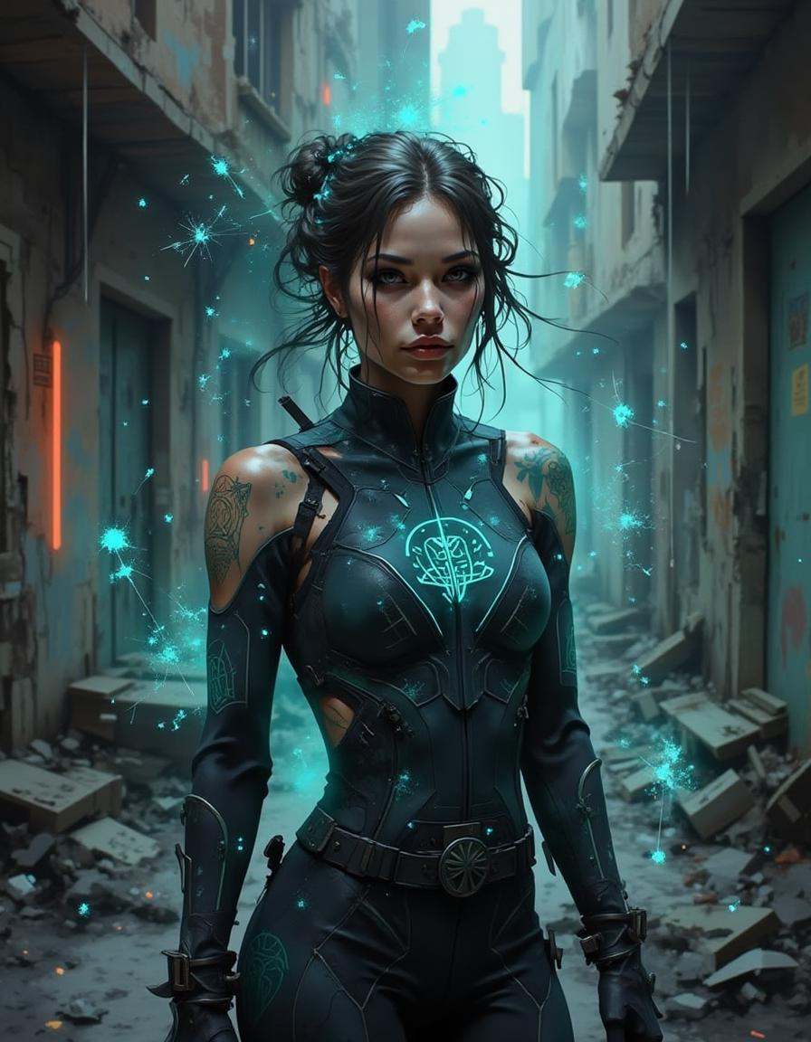 A dinkwfsn style painting,  A cyberpunk necromancer channels the echoes of forgotten AIs,  their sleek bodysuit inscribed...
