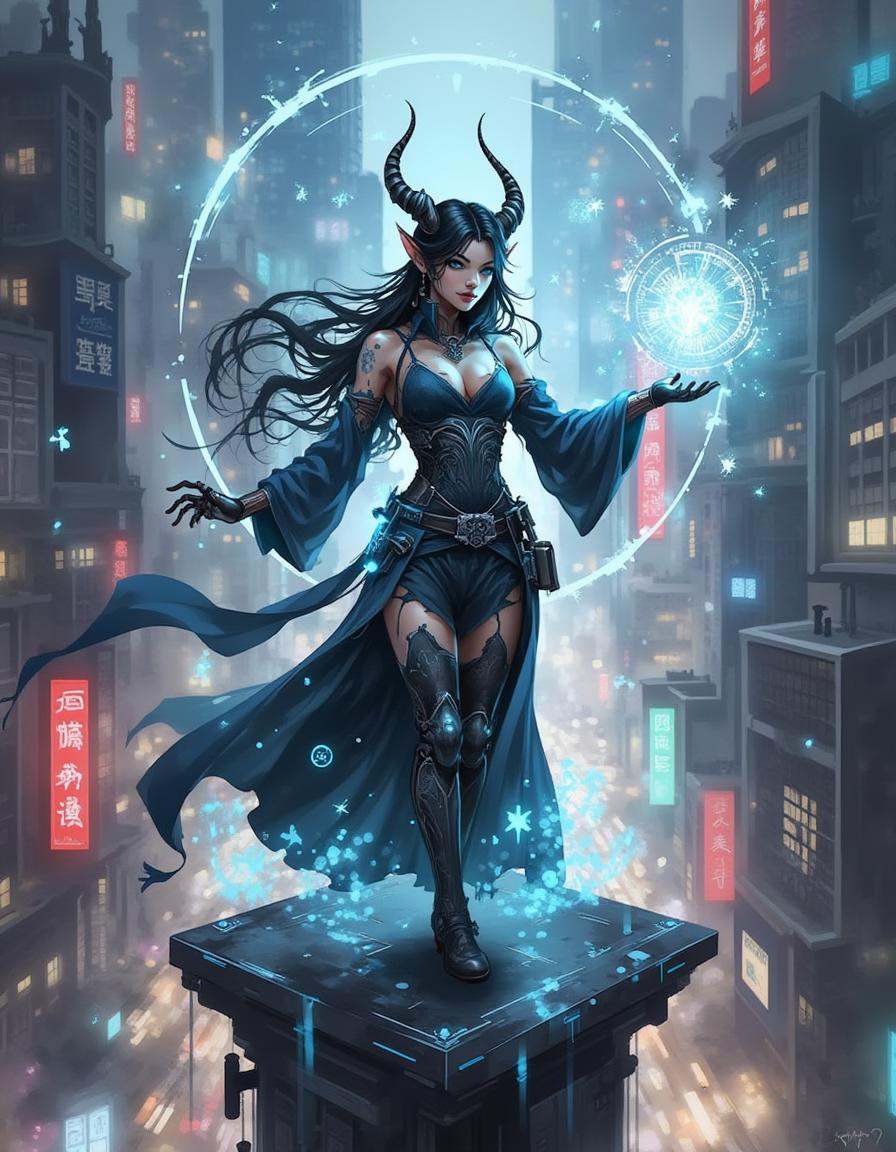 A dinkwfsn style painting,  A cyber-sorceress with mechanical arms stands on a platform high above a neon-lit city,  casti...