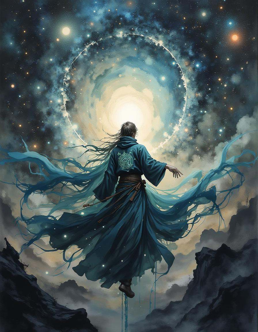 A dinkwfsn style painting,  An interstellar mage,  their skin etched with luminous constellations on Tensor.Art