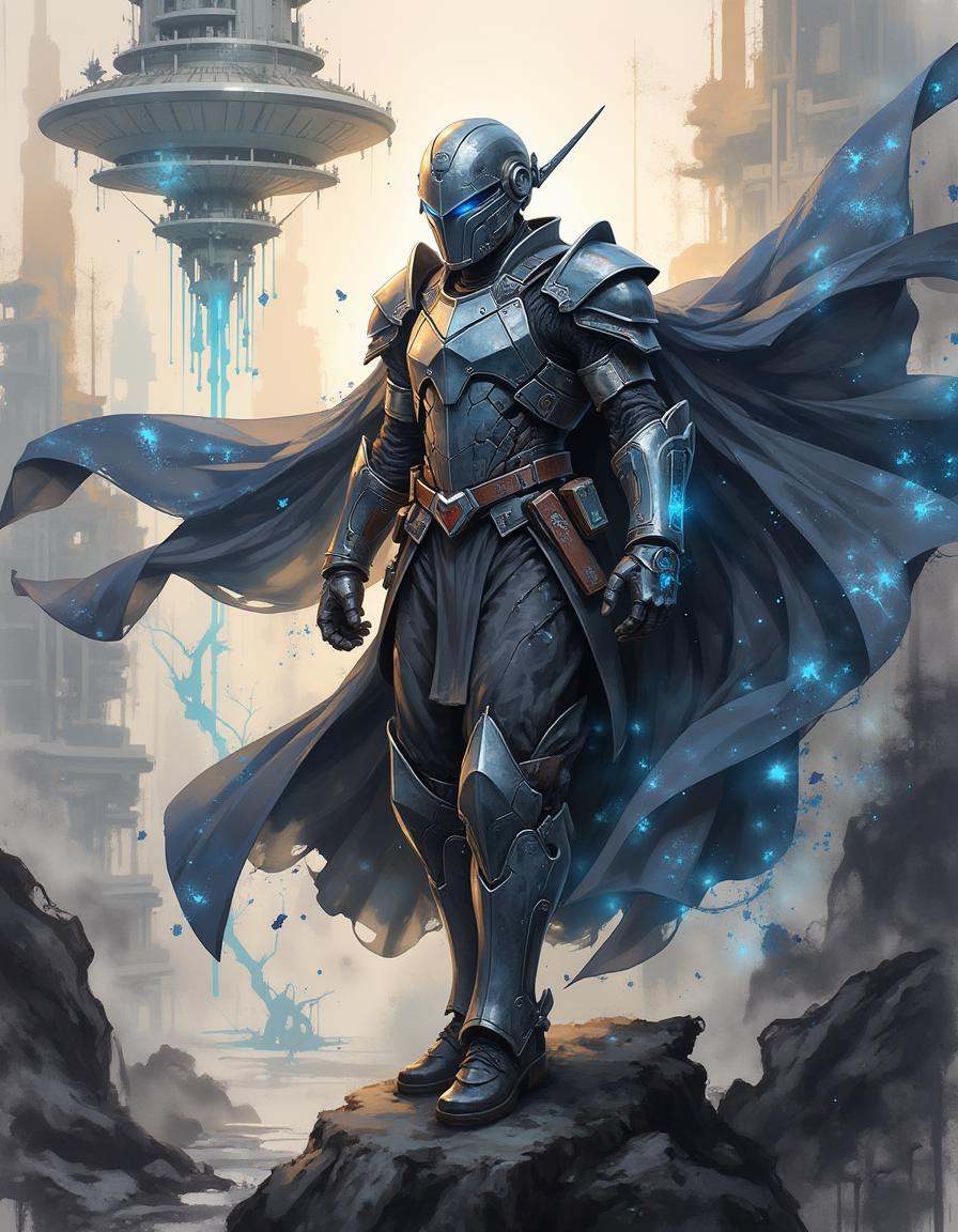 A dinkwfsn style painting,  An armored techno-mage stands at the edge of an artificial abyss,  their segmented on Tensor.Art