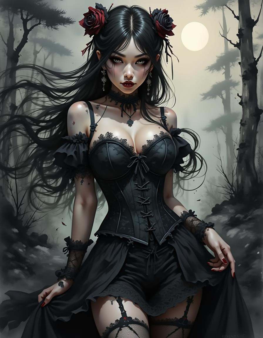 dinkwfsn style,  Close-up portrait of a woman with long,  straight black hair featuring dark rose hair accessories. She ha...