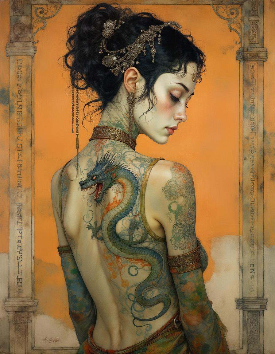 a Elf girl with dark hair styled up,  adorned with ornate hairpieces and accessories. Her eyes are closed,  and her expres...