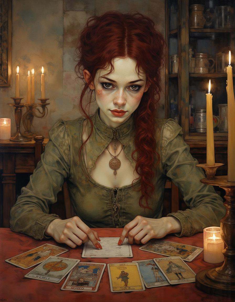 A fortune teller gazing at a deck of tarot cards spread across a velvet-draped table,  her eyes filled with mystery,  cand...