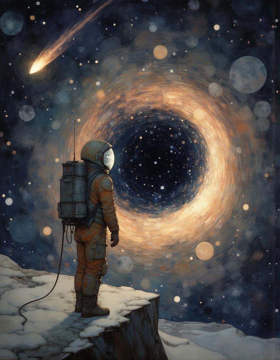 An astronaut standing on the edge of a black hole,  gazing into the swirling abyss,  a trail of stardust spiraling behind...