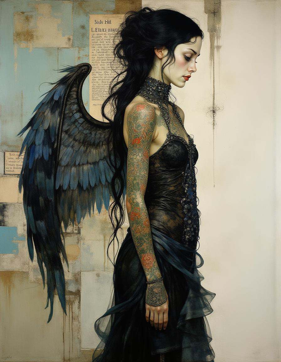 A striking female figure with long,  flowing black hair stands in profile,  exuding an aura of strength and mystique. She...