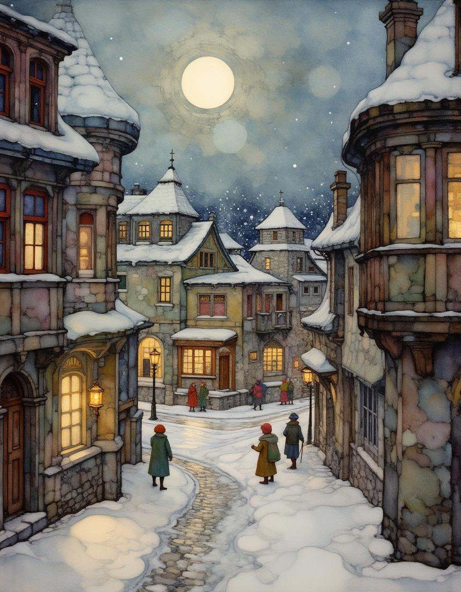 A snow-covered medieval village at twilight,  cobblestone streets lined with glowing lanterns,  warmly lit taverns and sho...