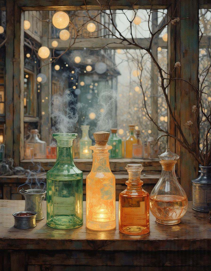 In a mystical alchemist's workshop illuminated by ethereal,  glowing orbs hanging from ancient wooden beams,  various rich...